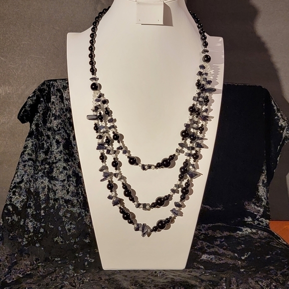 Triple Strand Black Glass Bead, Clear Bead and Black Stone Necklace - Picture 10 of 10